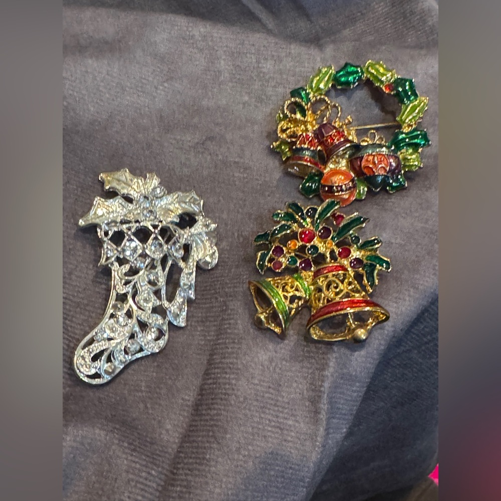 Christopher Radko Festive Holiday  Christmas Brooch‎ Pin  Set